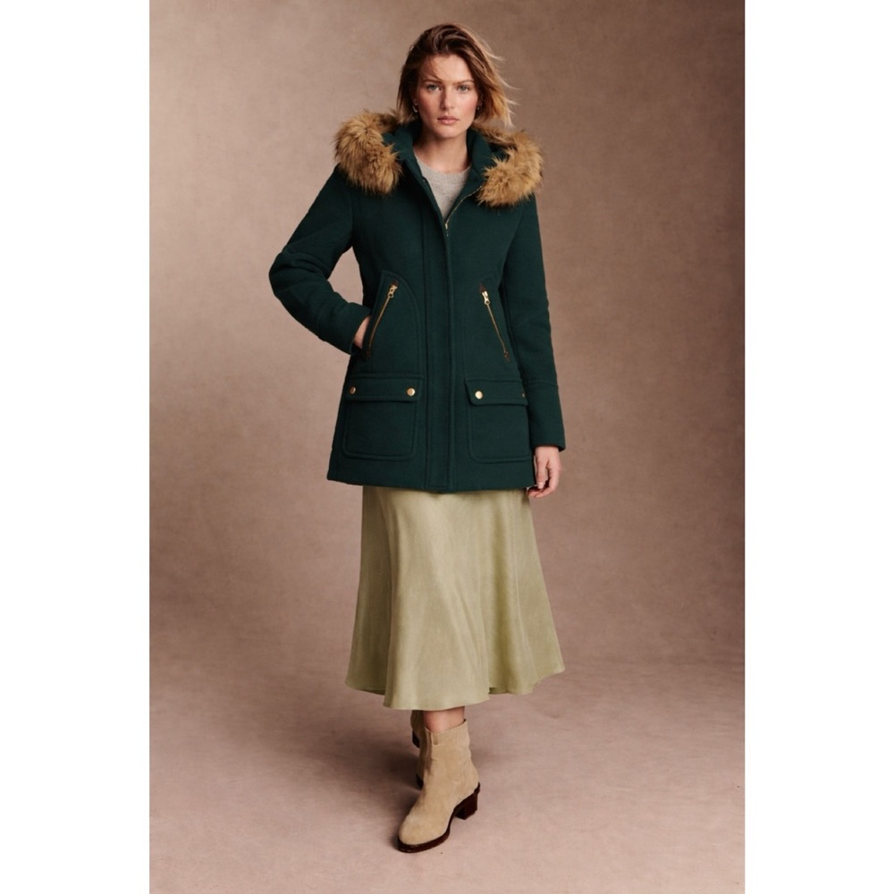 J. Crew | Chateau Parka Coat Stadium Cloth Wool Fur Hood Midnight Green ~ US 4
